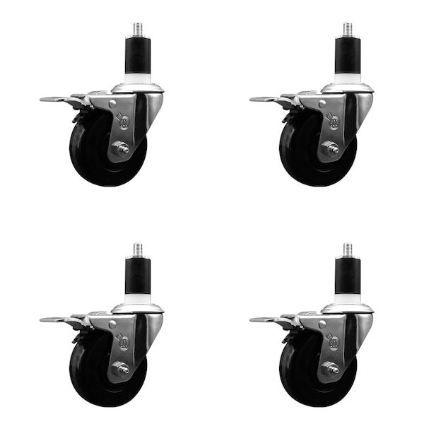 3.5'' SS Phenolic Swivel 1-1/2'' Expanding Stem Caster Set Total Lock Brake, 4PK